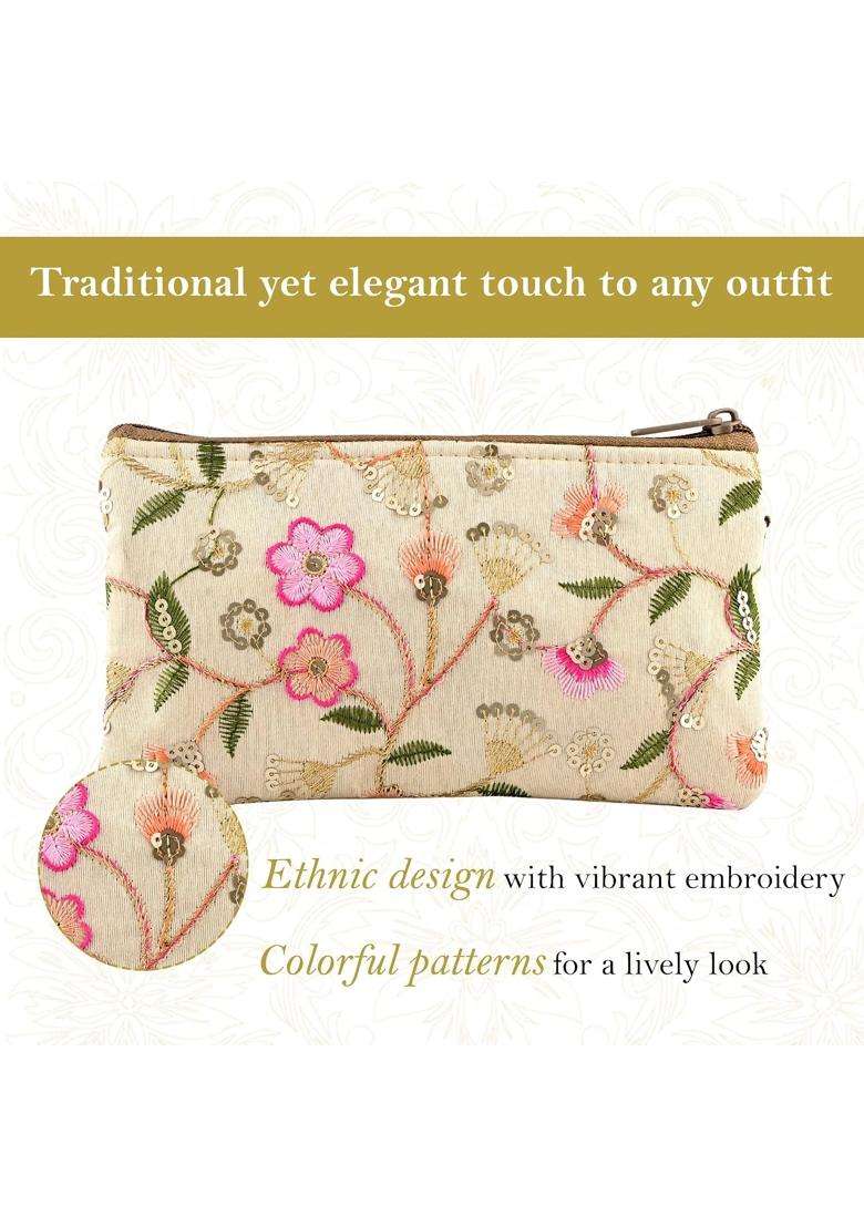 Kuber Industries Cream 4 Pcs Polyester Traditional Hand Purse Ladies with Zip - Indya