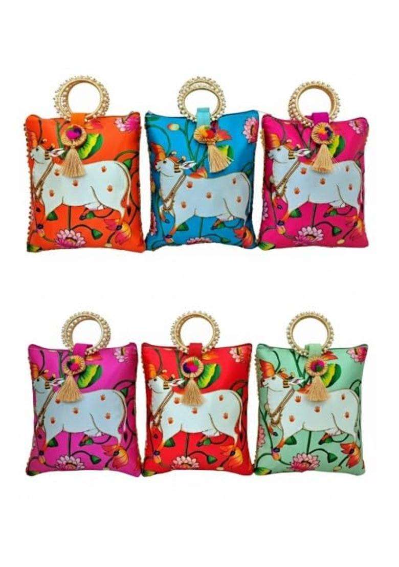 The Homely Hub Cow Printed Pichwai Potli Bag with Handle Baby Shower Haldi Mehandi Diwali Pack of 6 - Indya