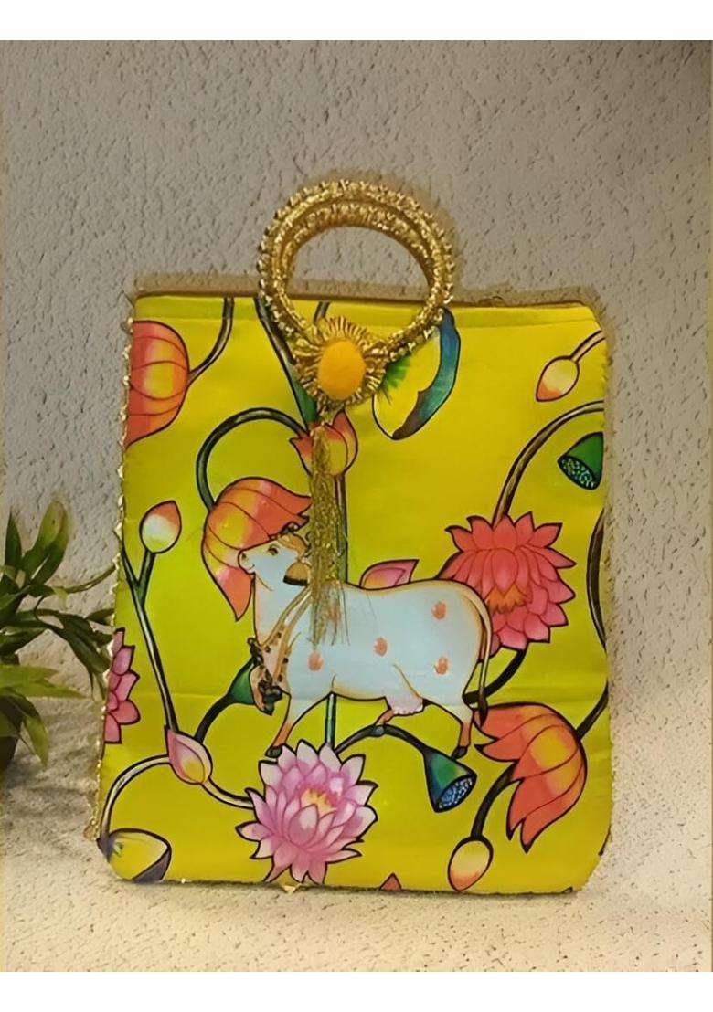 The Homely Hub Cow Printed Pichwai Potli Bag with Handle Baby Shower Haldi Mehandi Diwali Pack of 6 - Indya