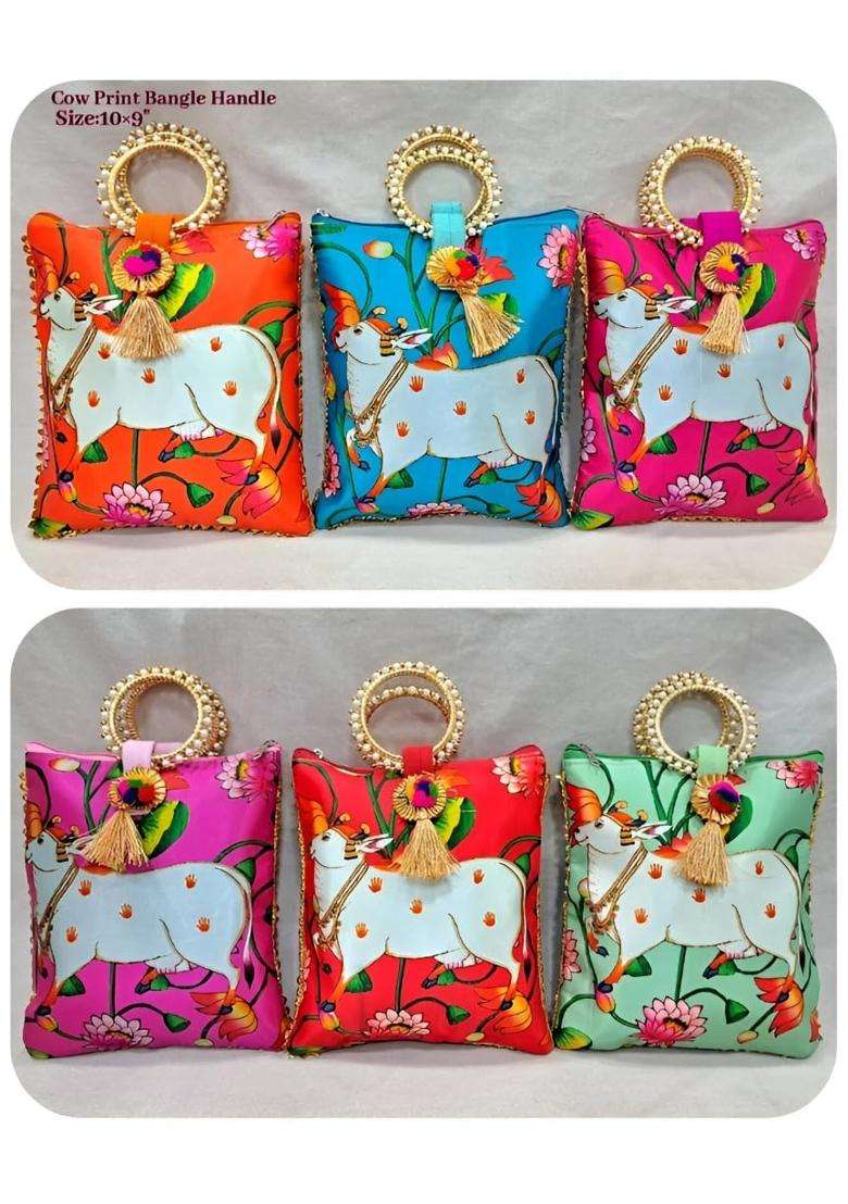 The Homely Hub Cow Printed Pichwai Potli Bag with Handle Baby Shower Haldi Mehandi Diwali Pack of 6 - Indya