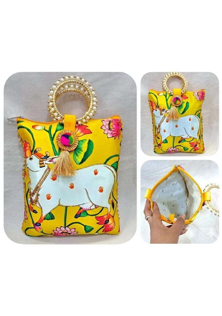 The Homely Hub Cow Printed Pichwai Potli Bag with Handle Baby Shower Haldi Mehandi Diwali Pack of 6 - Indya