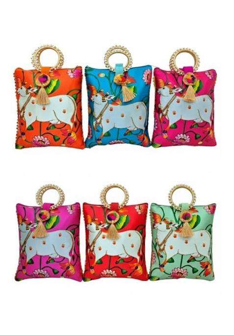 The Homely Hub Cow Printed Pichwai Potli Bag with Handle Baby Shower Haldi Mehandi Diwali Pack of 6