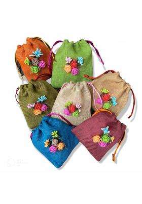 Thehandikrafts Unisex Colored Jute Potli with Multicolour Flower Jute Linen Potlis