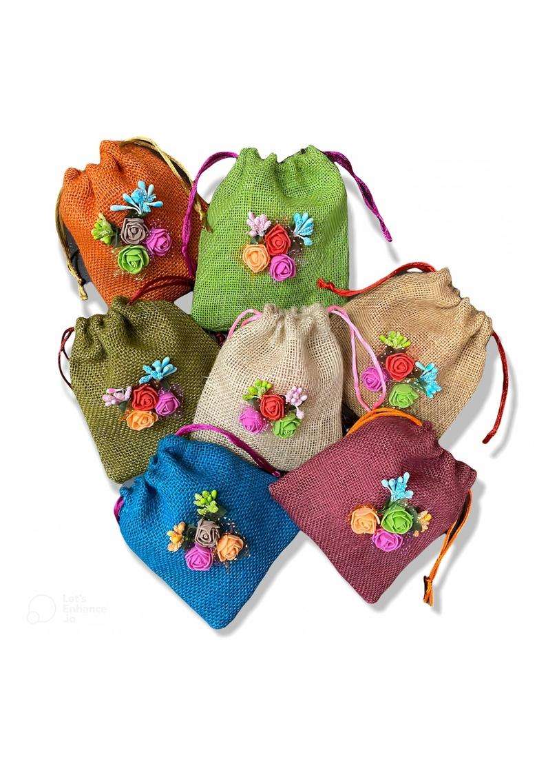 Thehandikrafts Unisex Colored Jute Potli with Multicolour Flower Jute Linen Potlis - Indya