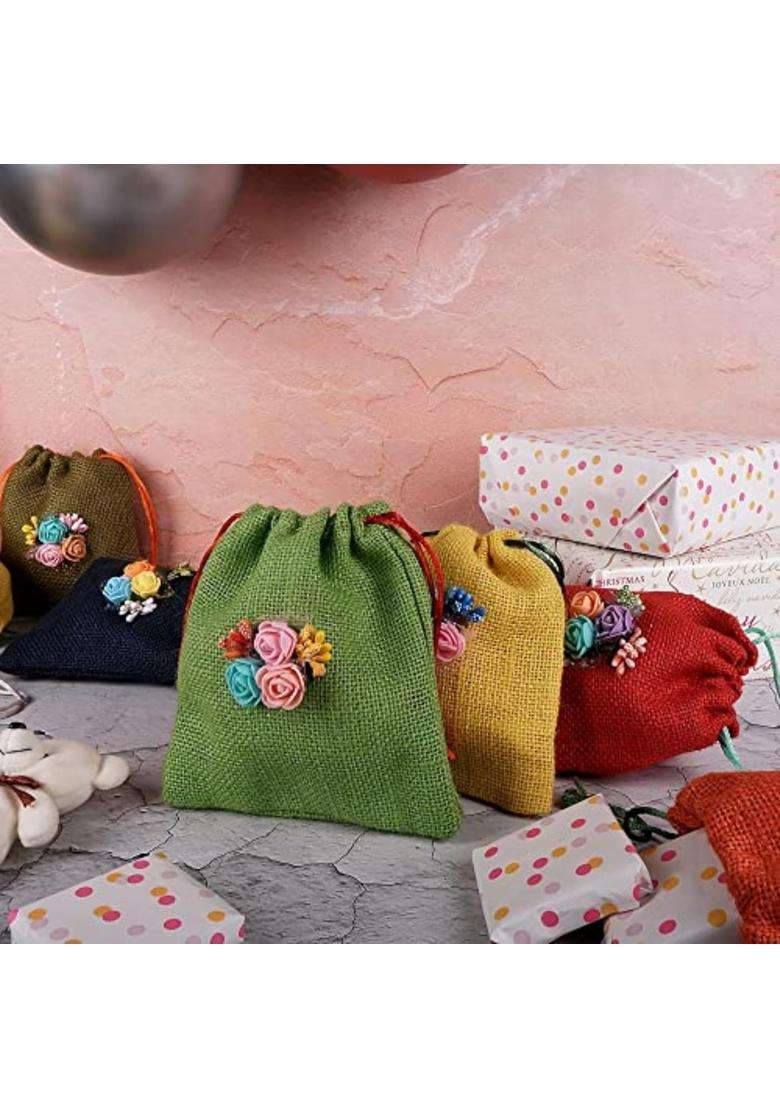 Thehandikrafts Unisex Colored Jute Potli with Multicolour Flower Jute Linen Potlis - Indya