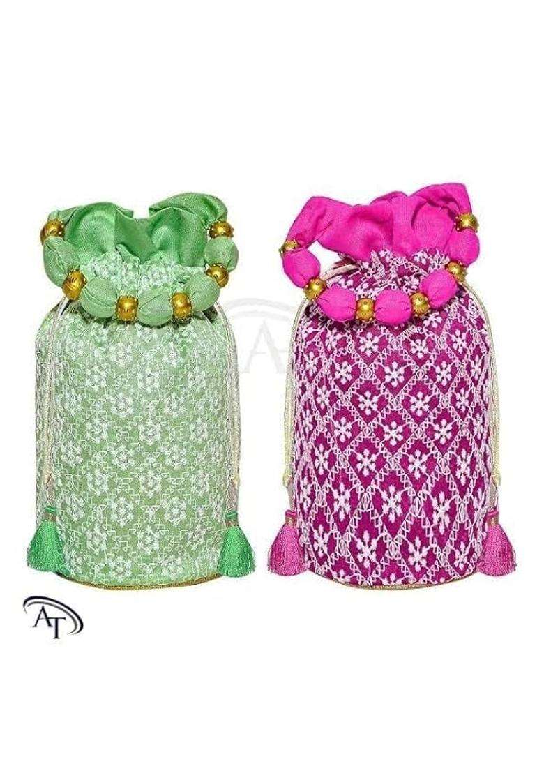 AT Ankit Traders Women Potli Bags Zari Embroidered Silk with Drawstring - Indya