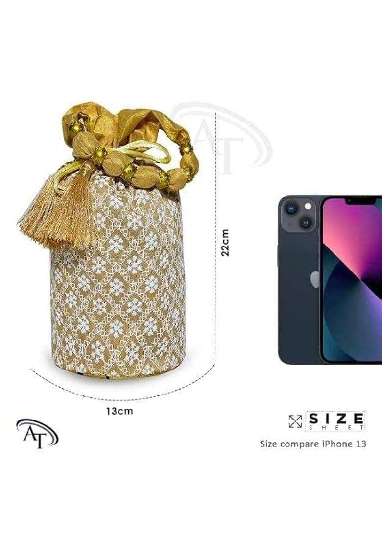 AT Ankit Traders Women Potli Bags Zari Embroidered Silk with Drawstring - Indya