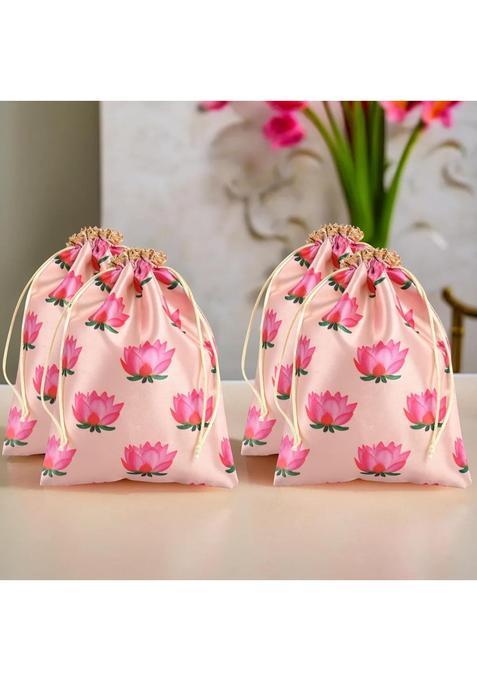 Kuber Industries Cream 4 Pcs 7x9 Inch Lotus Print Potli Bags Return Gift Bags for Wedding and Party