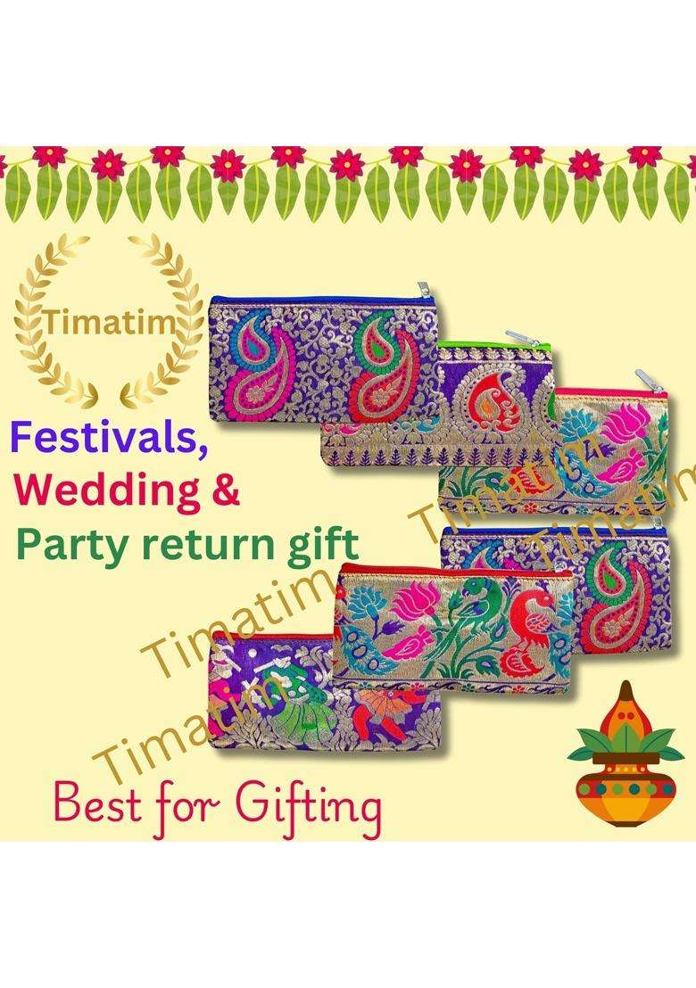 Timatim Return Gift for Women Purse Double Pockets with Zipper Wallet for Ladies Festival Wedding Pack of 6 - Indya