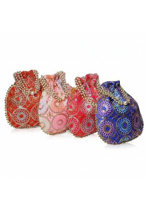 Betterminds Return Gifts Women Potli Bags with Pearl Beading Traditional Floral Design Multicolour Pack of 4