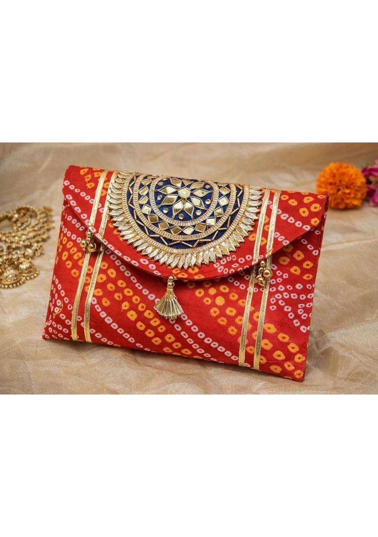 Ridhi Sidhi Ladies Ethnic Designer Clutch Bag Purse Party and Wedding Handbag with Golden Handwork Pack of 4 - Indya