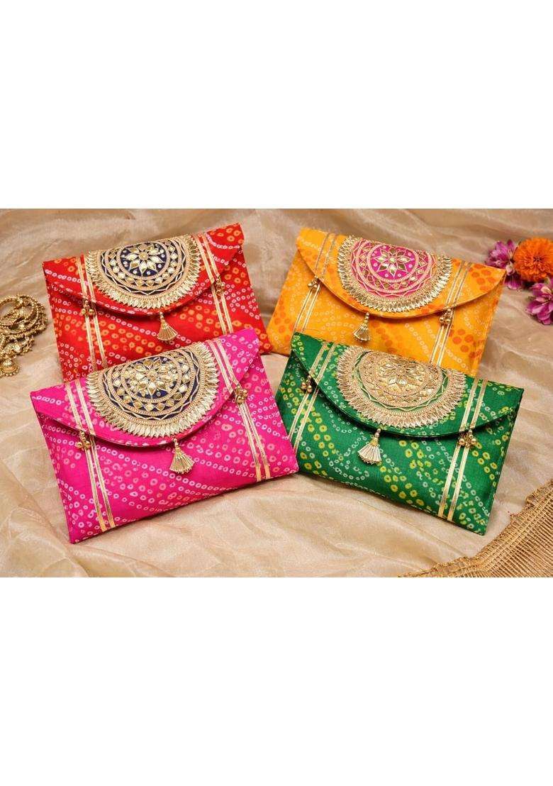Ridhi Sidhi Ladies Ethnic Designer Clutch Bag Purse Party and Wedding Handbag with Golden Handwork Pack of 4 - Indya