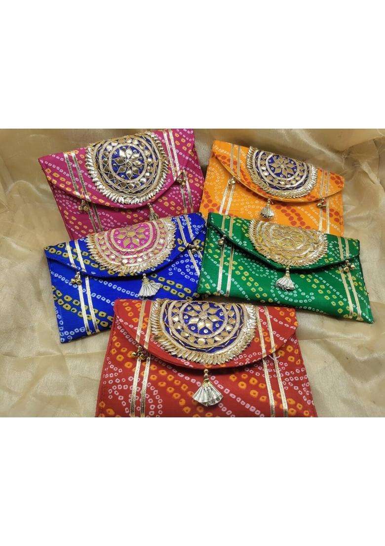 Ridhi Sidhi Ladies Ethnic Designer Clutch Bag Purse Party and Wedding Handbag with Golden Handwork Pack of 4 - Indya