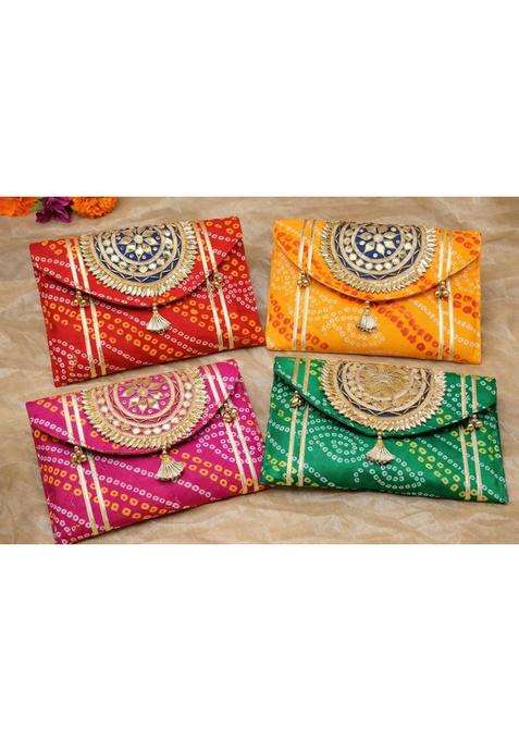 Ridhi Sidhi Ladies Ethnic Designer Clutch Bag Purse Party and Wedding Handbag with Golden Handwork Pack of 4