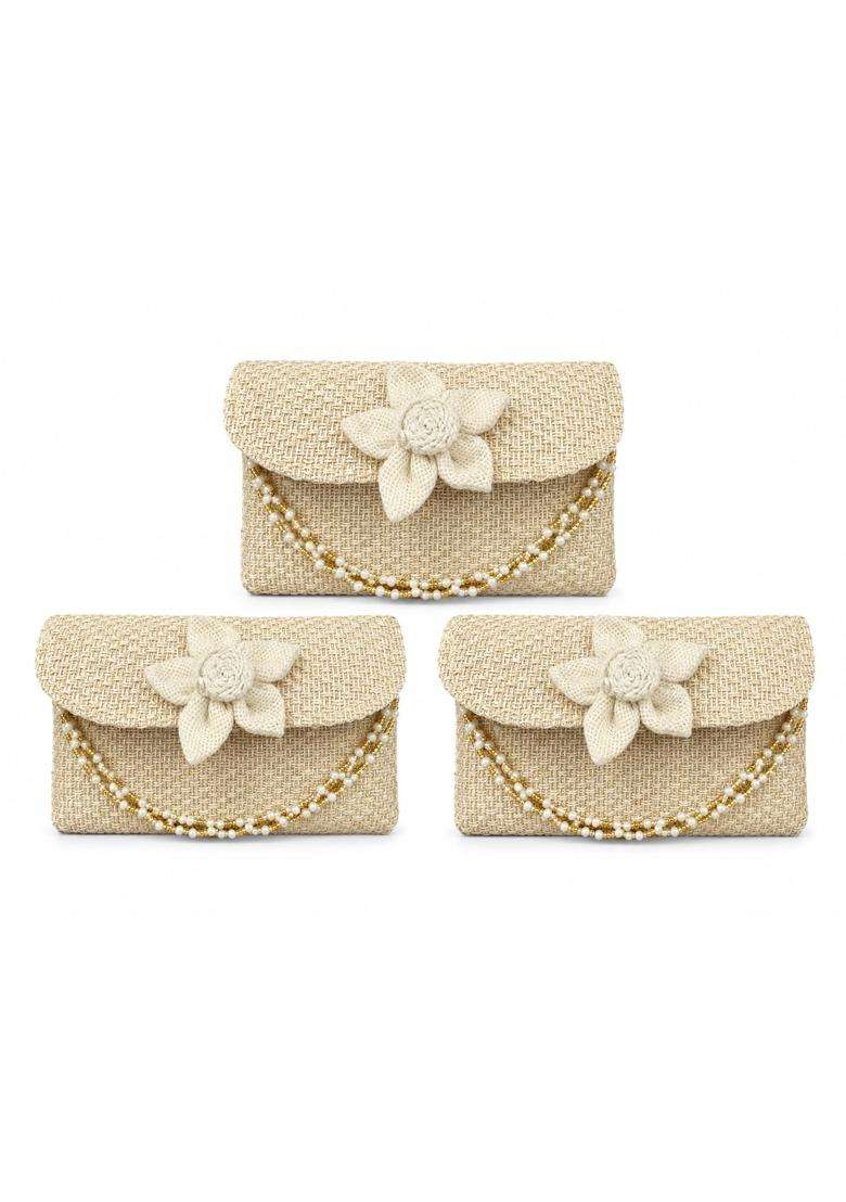 Sumera WARQ Jute Clutch Purse for Women Handmade Eco Friendly Burlap Envelope Clutch with Flower and Pearl - Indya