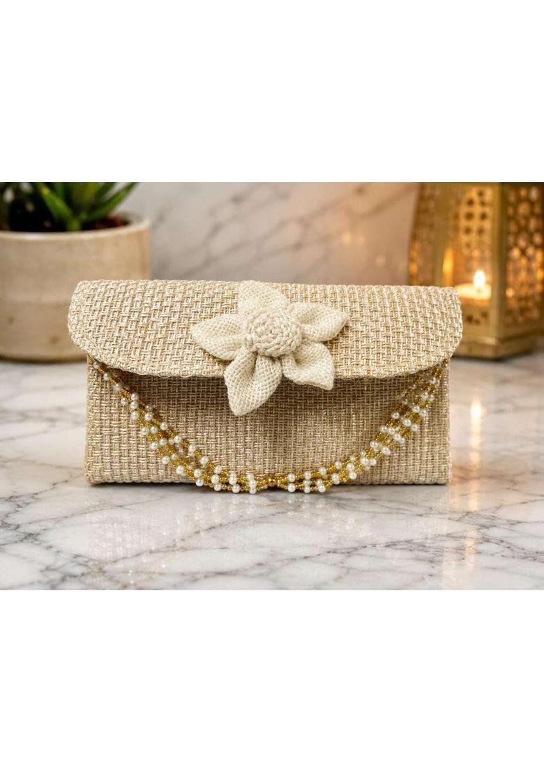 Sumera WARQ Jute Clutch Purse for Women Handmade Eco Friendly Burlap Envelope Clutch with Flower and Pearl - Indya