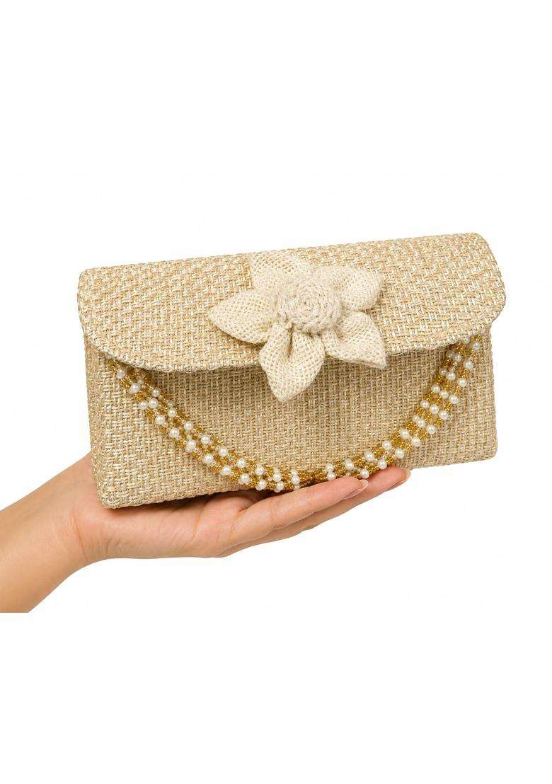 Sumera WARQ Jute Clutch Purse for Women Handmade Eco Friendly Burlap Envelope Clutch with Flower and Pearl - Indya