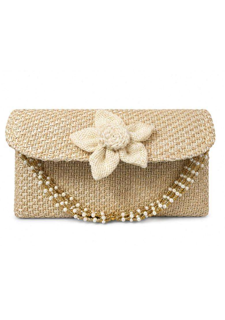 Sumera WARQ Jute Clutch Purse for Women Handmade Eco Friendly Burlap Envelope Clutch with Flower and Pearl - Indya