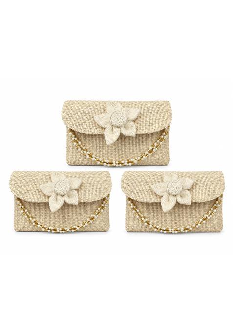 Sumera WARQ Jute Clutch Purse for Women Handmade Eco Friendly Burlap Envelope Clutch with Flower and Pearl