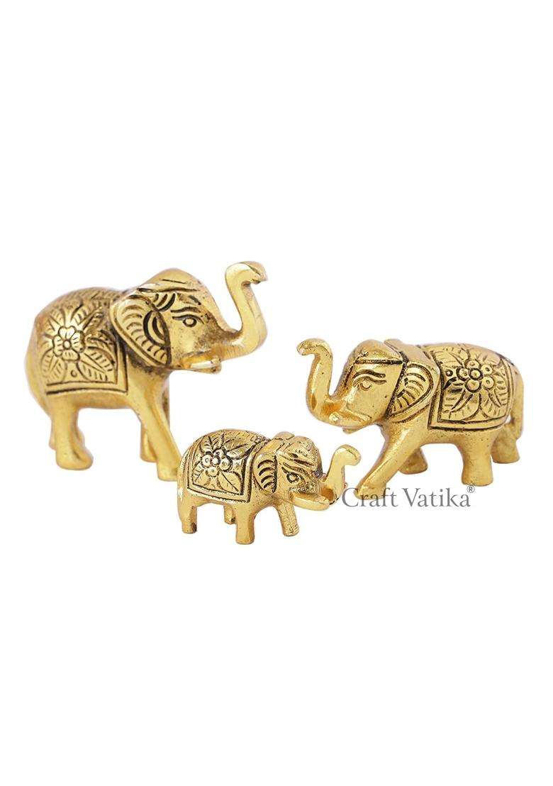 Craftvatika Metal Trunk Up Elephant Family Statue Showpiece Figurine Fengshui Vastu Lucky Set of 3 - Indya