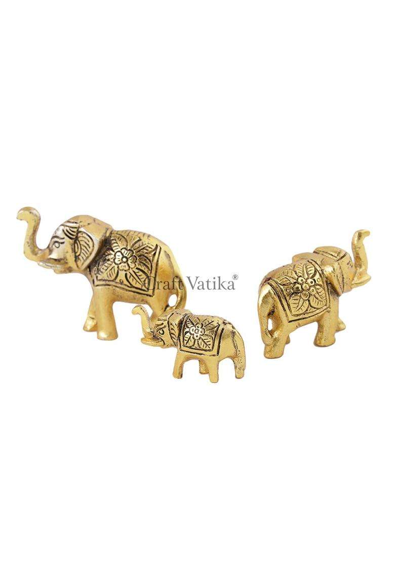 Craftvatika Metal Trunk Up Elephant Family Statue Showpiece Figurine Fengshui Vastu Lucky Set of 3 - Indya