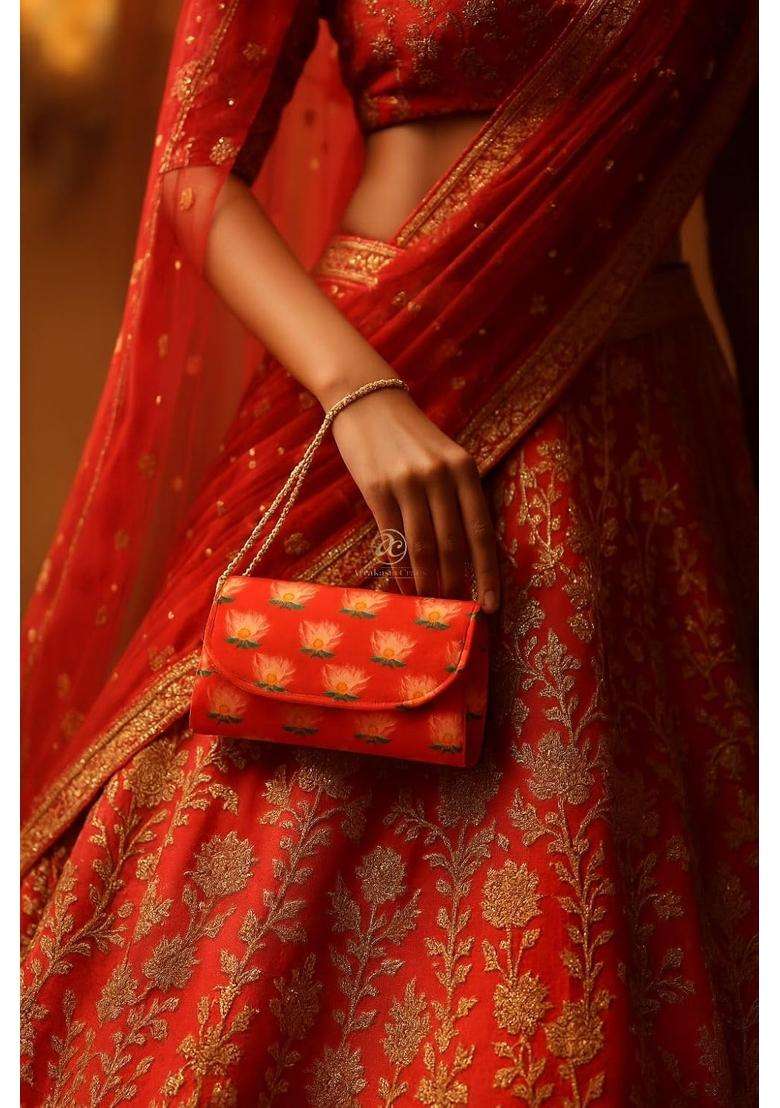 Arrakasta Crafts Assorted Bandhej Bandhani Patola Lotus Handbag Ethnic Clutch Purse for Women with Pearl - Indya