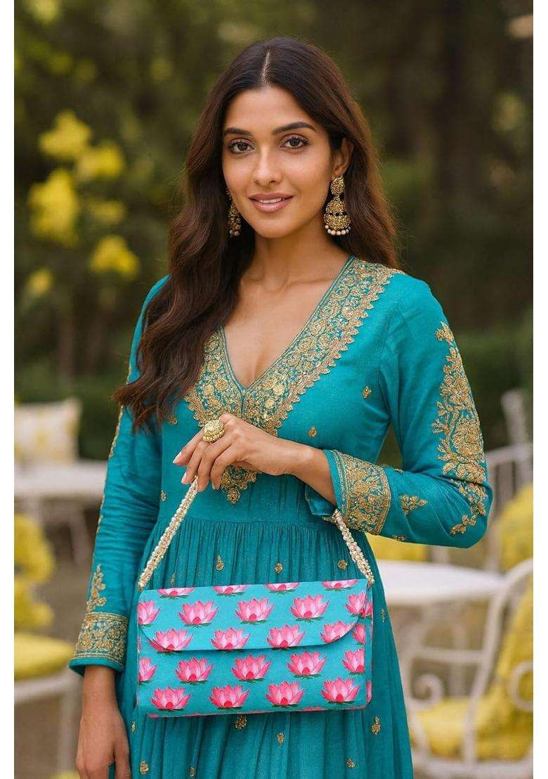 Arrakasta Crafts Assorted Bandhej Bandhani Patola Lotus Handbag Ethnic Clutch Purse for Women with Pearl - Indya