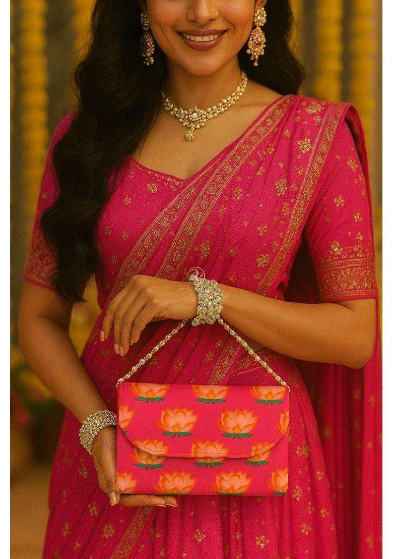Arrakasta Crafts Assorted Bandhej Bandhani Patola Lotus Handbag Ethnic Clutch Purse for Women with Pearl - Indya