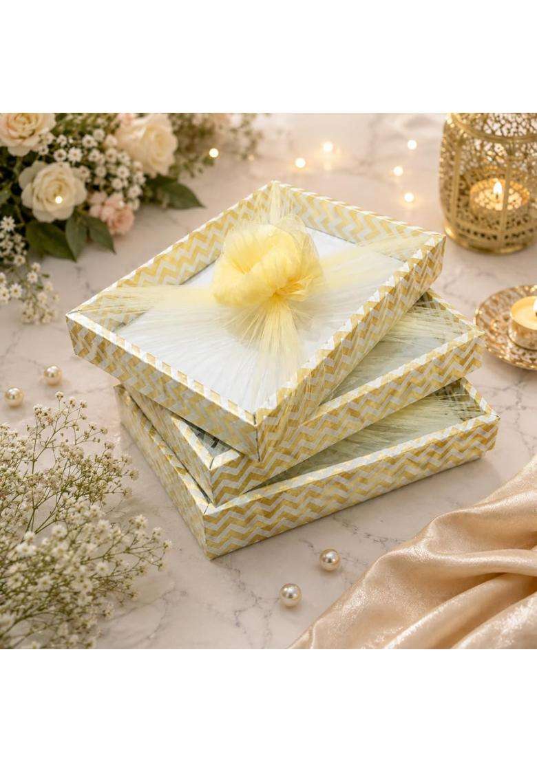 Satyam Kraft Golden 3 Pcs Decorative DIY Folding Gift Box Rectangular Tray with Net for Gifting Birthday - Indya