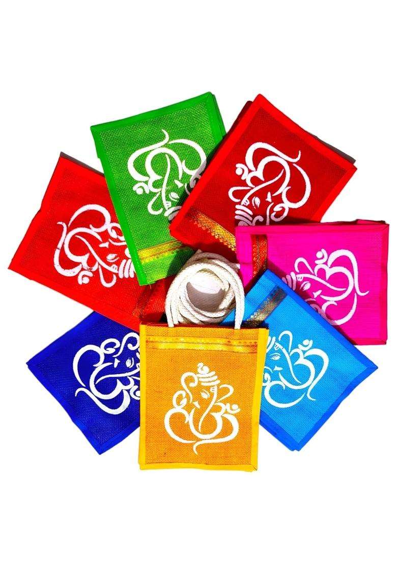 Anumala Multicolour Jute Bags with Contrast Kolam Art Thamboolam and Jute Bags - Indya