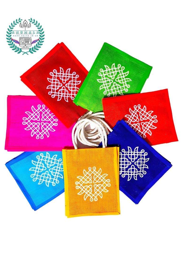 Anumala Multicolour Jute Bags with Contrast Kolam Art Thamboolam and Jute Bags - Indya