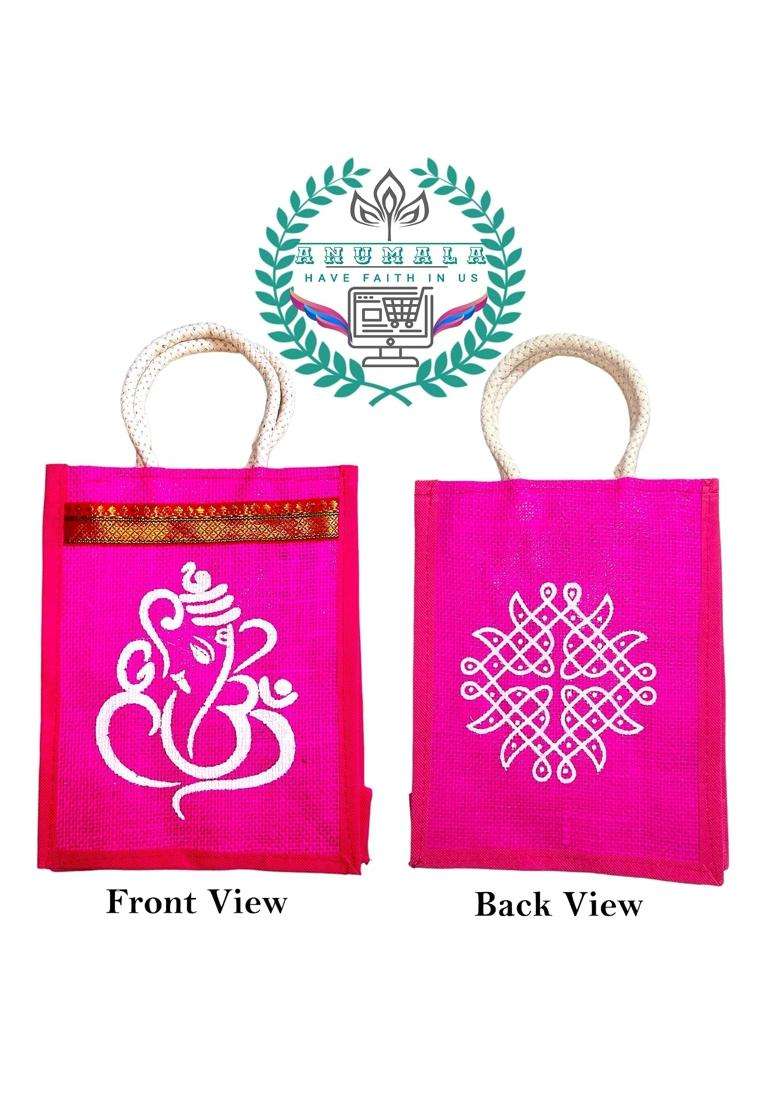 Anumala Multicolour Jute Bags with Contrast Kolam Art Thamboolam and Jute Bags - Indya