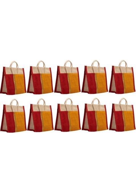 Soman Jute Thamboolam Bags for Return Gifts Golden Yellow and Red Combo Set of 10