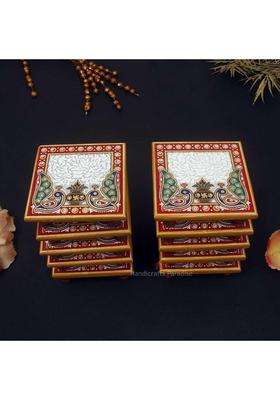 Handicrafts Paradise Multicolour 4 X 4 Inch Pc Marble Chowki for Pooja Home Mandir Set of 10