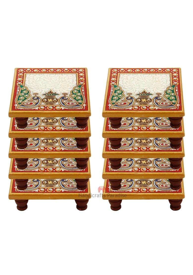Handicrafts Paradise Multicolour 4 X 4 Inch Pc Marble Chowki for Pooja Home Mandir Set of 10 - Indya