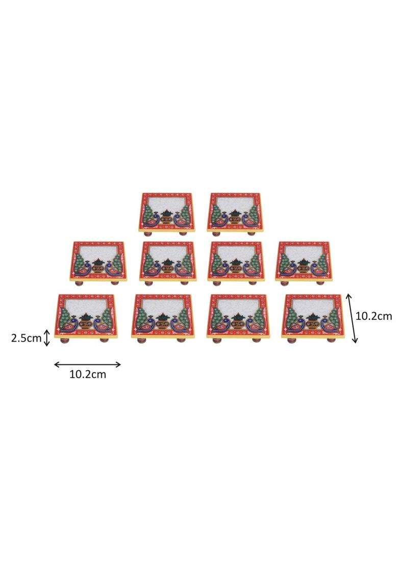 Handicrafts Paradise Multicolour 4 X 4 Inch Pc Marble Chowki for Pooja Home Mandir Set of 10 - Indya