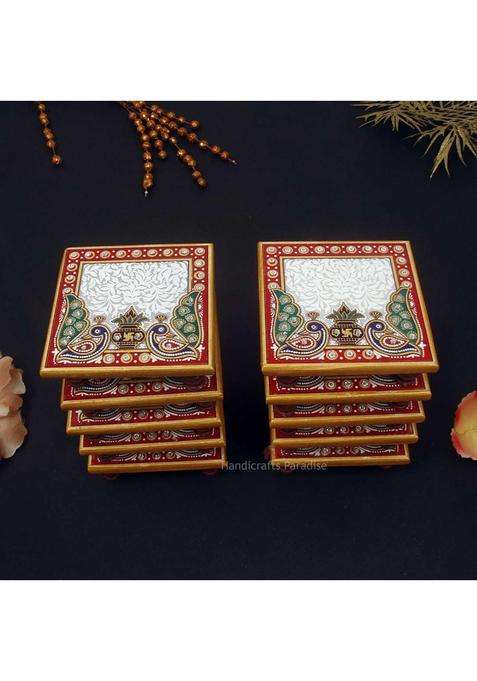 Handicrafts Paradise Multicolour 4 X 4 Inch Pc Marble Chowki for Pooja Home Mandir Set of 10