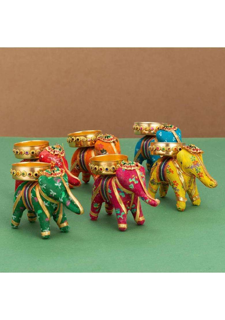 JH Gallery Elephant Tealight Candle Holder Multicolour 10 CM Pack of 6 - Indya