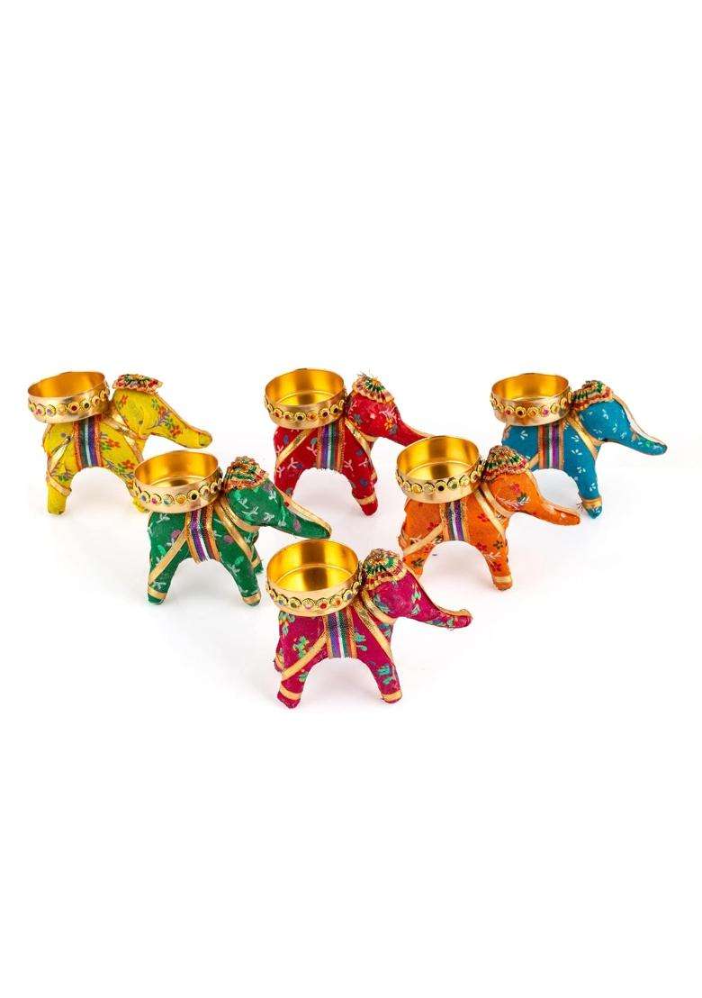 JH Gallery Elephant Tealight Candle Holder Multicolour 10 CM Pack of 6 - Indya
