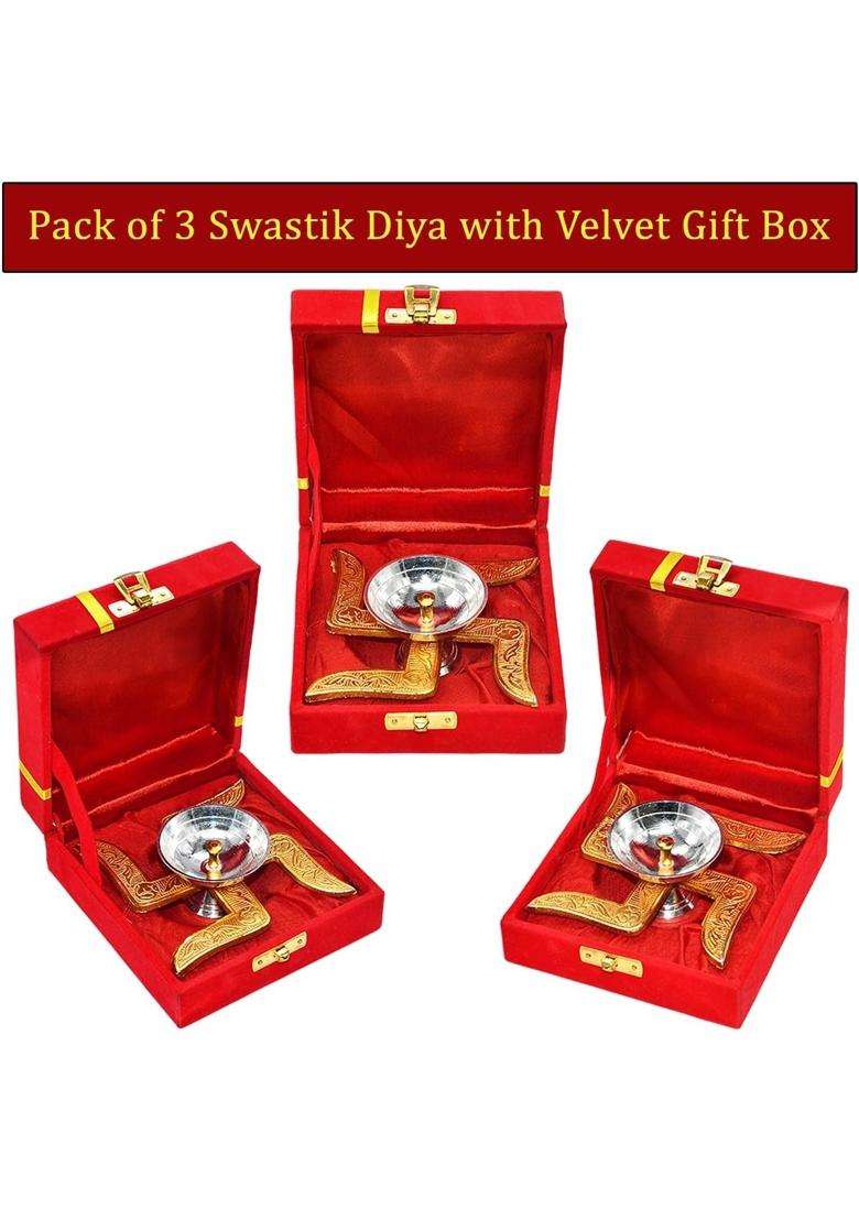 Saugat Traders Wedding Return Gift for Guest Swastik Diya with Velvet Gift Box for Family Friends Pack of 3 - Indya