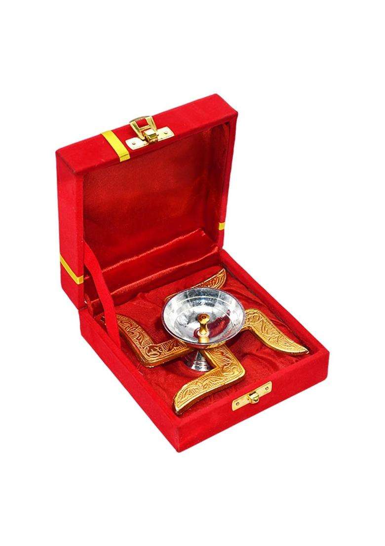 Saugat Traders Wedding Return Gift for Guest Swastik Diya with Velvet Gift Box for Family Friends Pack of 3 - Indya