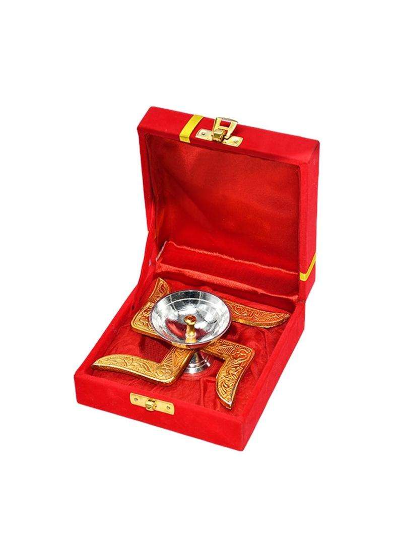 Saugat Traders Wedding Return Gift for Guest Swastik Diya with Velvet Gift Box for Family Friends Pack of 3 - Indya