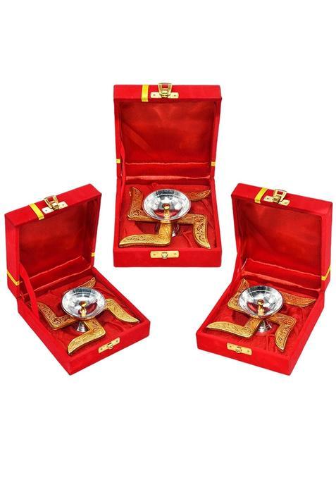Saugat Traders Wedding Return Gift for Guest Swastik Diya with Velvet Gift Box for Family Friends Pack of 3