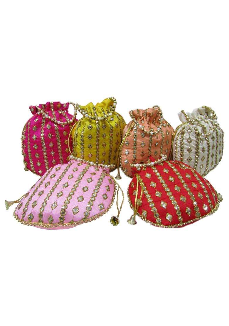 Purple Pink Ethnic Mirror Embroidery Potli Bags for Return Gifts for Women Bulk Menhadi Haldi Sangeet - Indya