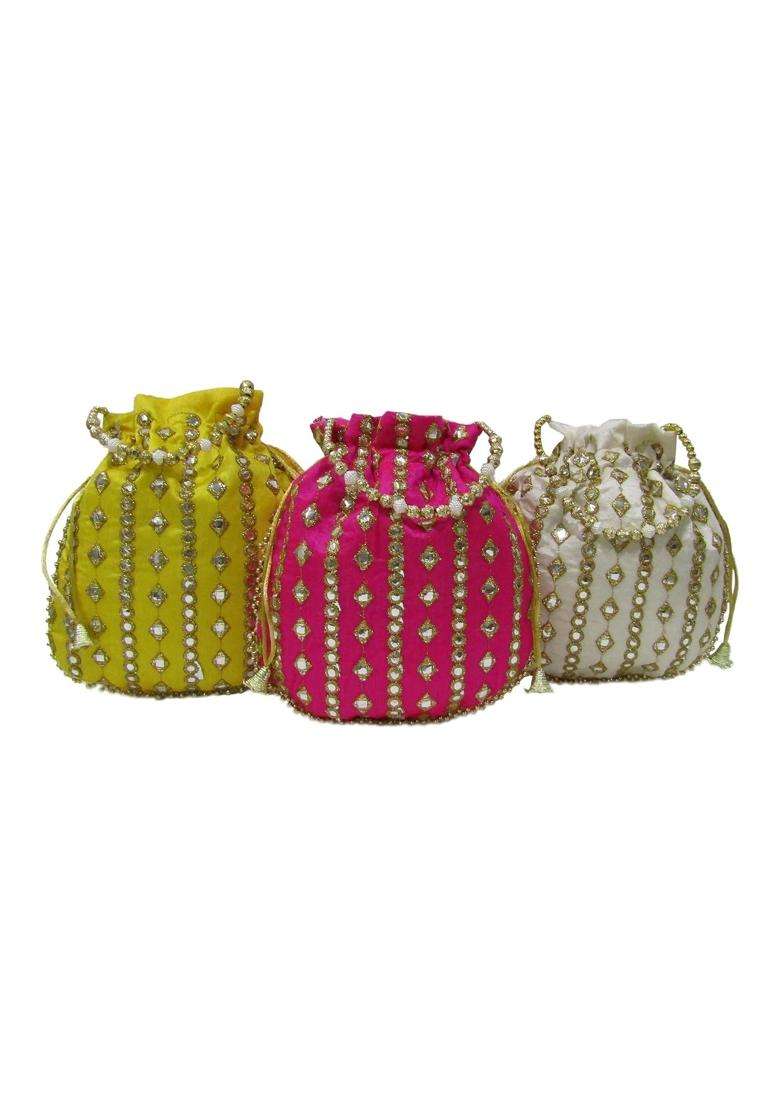 Purple Pink Ethnic Mirror Embroidery Potli Bags for Return Gifts for Women Bulk Menhadi Haldi Sangeet - Indya
