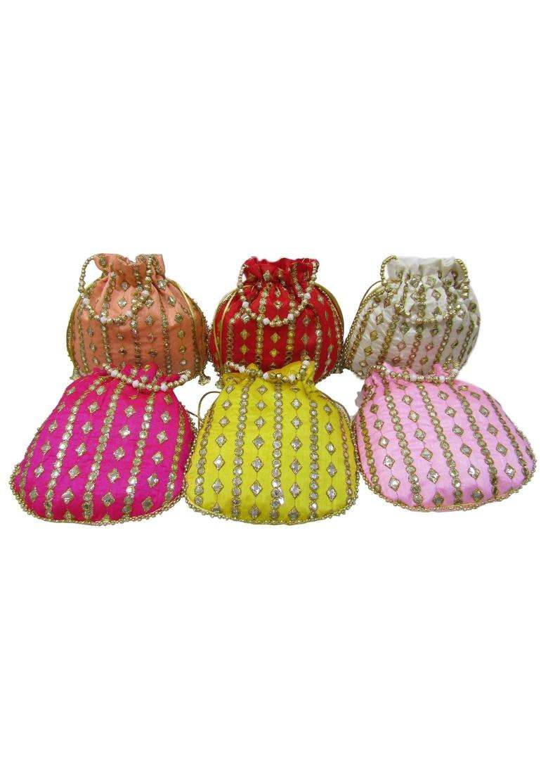 Purple Pink Ethnic Mirror Embroidery Potli Bags for Return Gifts for Women Bulk Menhadi Haldi Sangeet - Indya