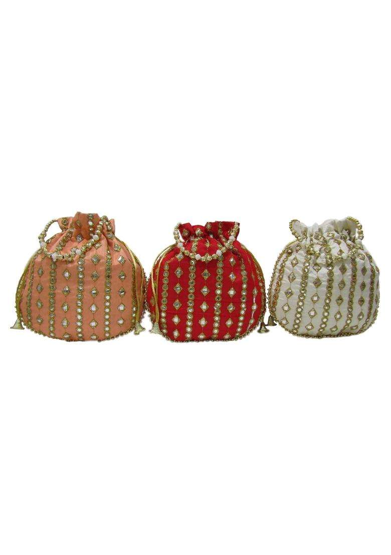 Purple Pink Ethnic Mirror Embroidery Potli Bags for Return Gifts for Women Bulk Menhadi Haldi Sangeet - Indya