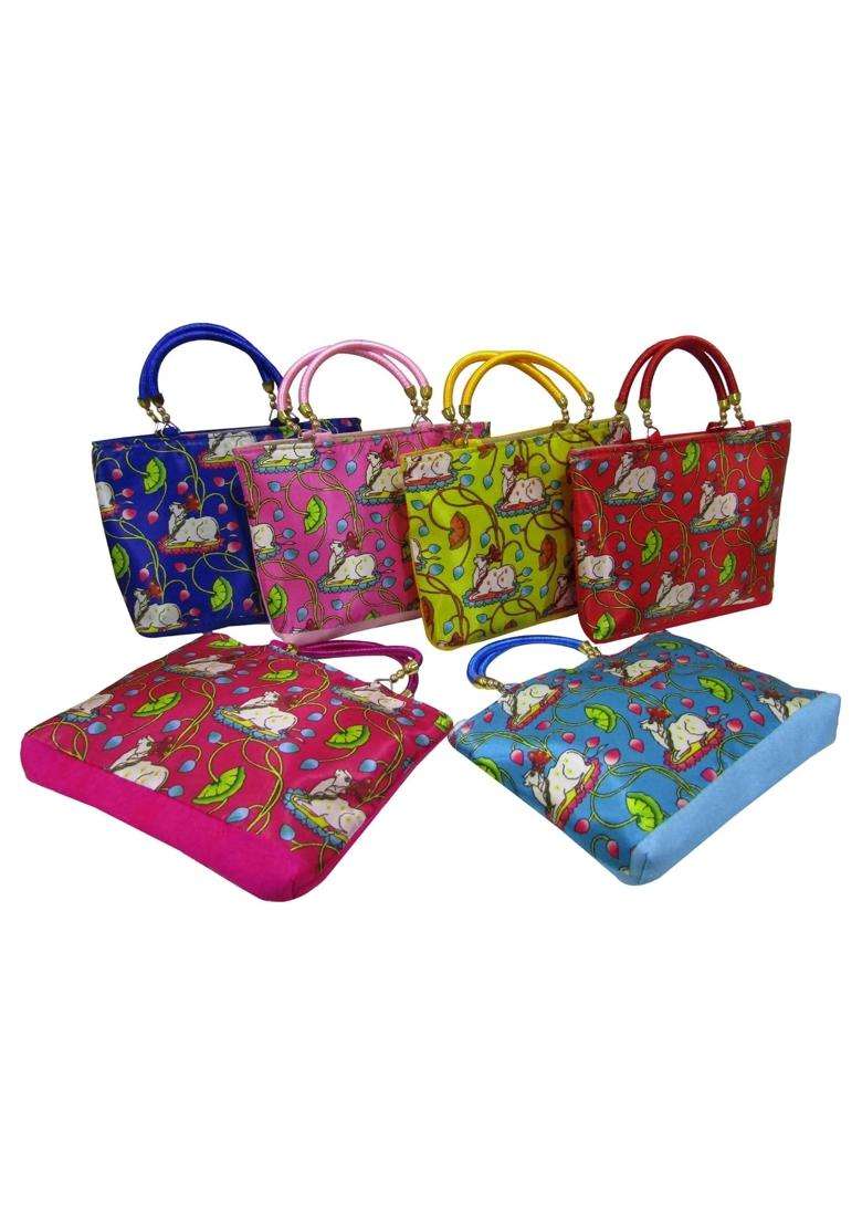 Purple Pink Pichwai Cow Print Design Potli Bag Return Gifts for Women Bulk Wedding Favors Potli Purse - Indya