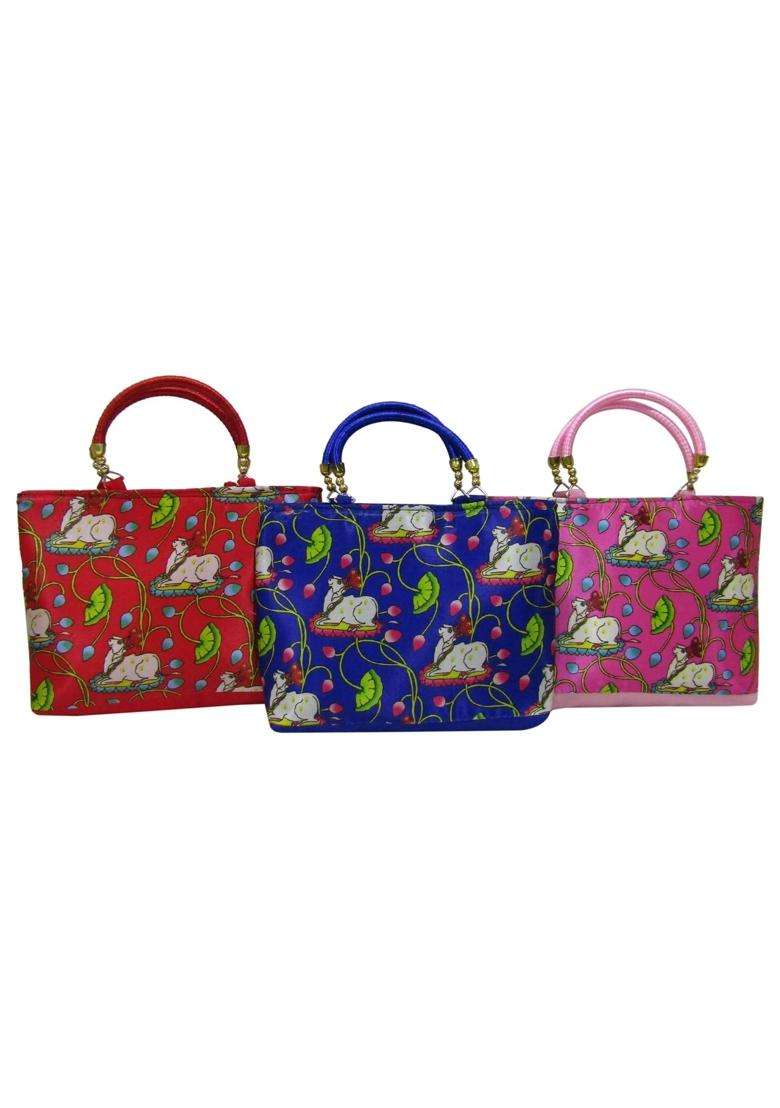 Purple Pink Pichwai Cow Print Design Potli Bag Return Gifts for Women Bulk Wedding Favors Potli Purse - Indya