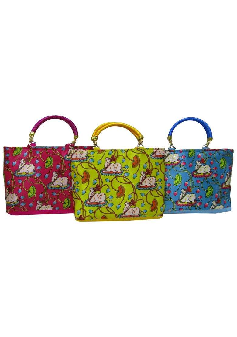 Purple Pink Pichwai Cow Print Design Potli Bag Return Gifts for Women Bulk Wedding Favors Potli Purse - Indya